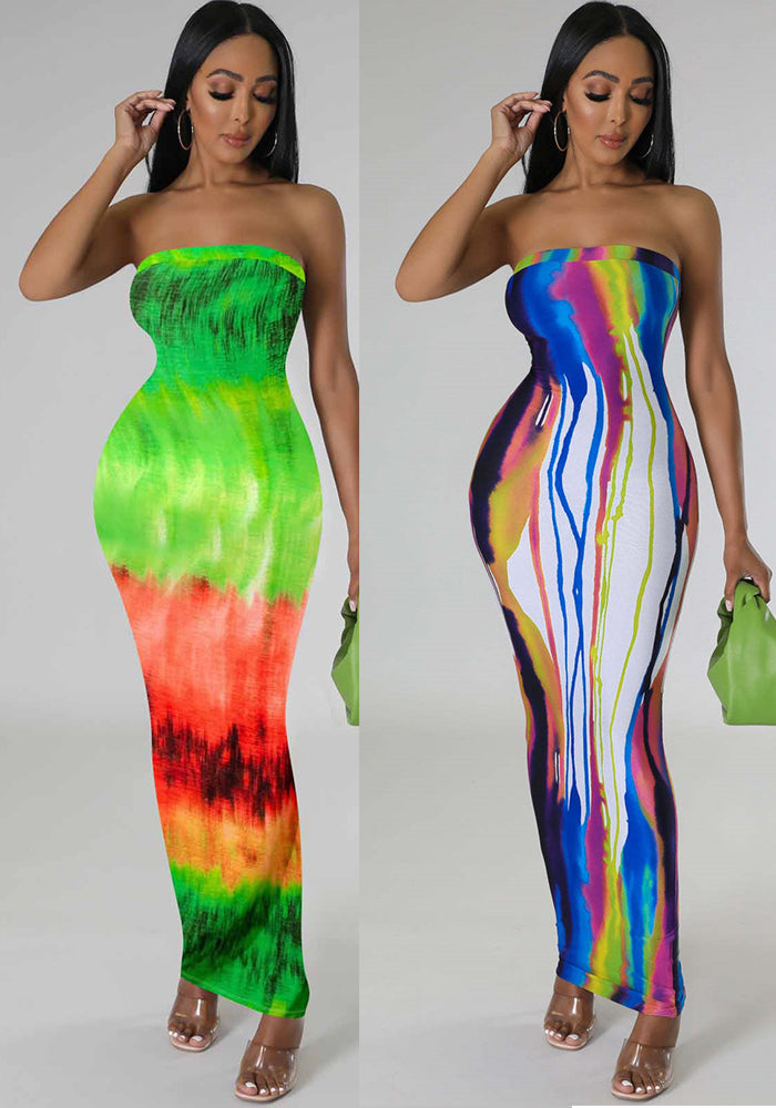 Women's  Print Strapless Nightclub Long Dress 8