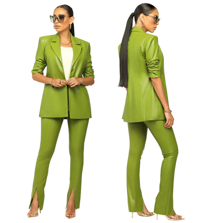 Women'S Pu Leather Turndown Collar Blazer Slit Tight Pants Two Piece Set