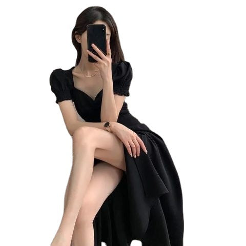 Women Summer French Style Puff Sleeve Square Neck Slit Long Dress 6