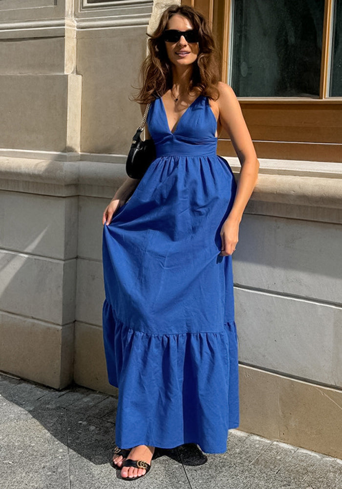 Spring Summer Holidays Style Blue V Neck Strap Low Back Long Dress