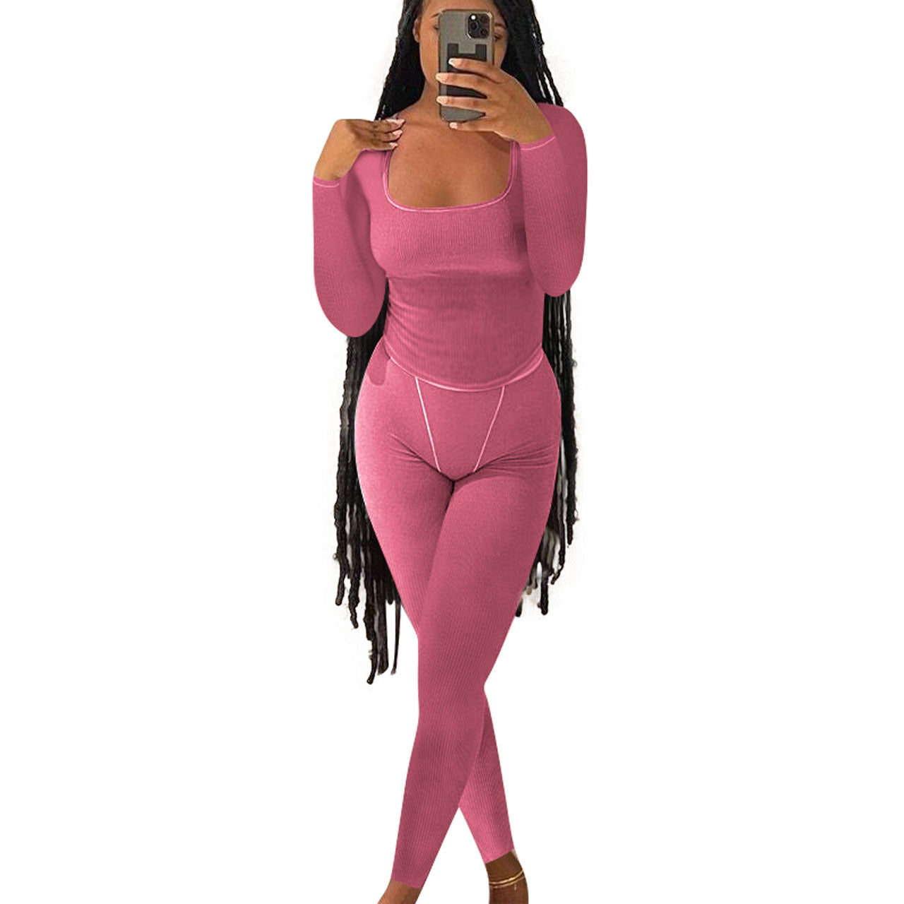 Women Casual Ribbed Solid Top and Pants Two-Piece Set 9