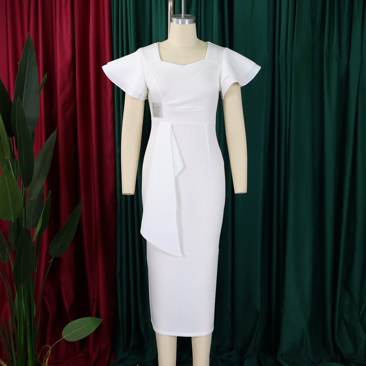 Women Elegant Ruffle Solid Bodycon Dress 25