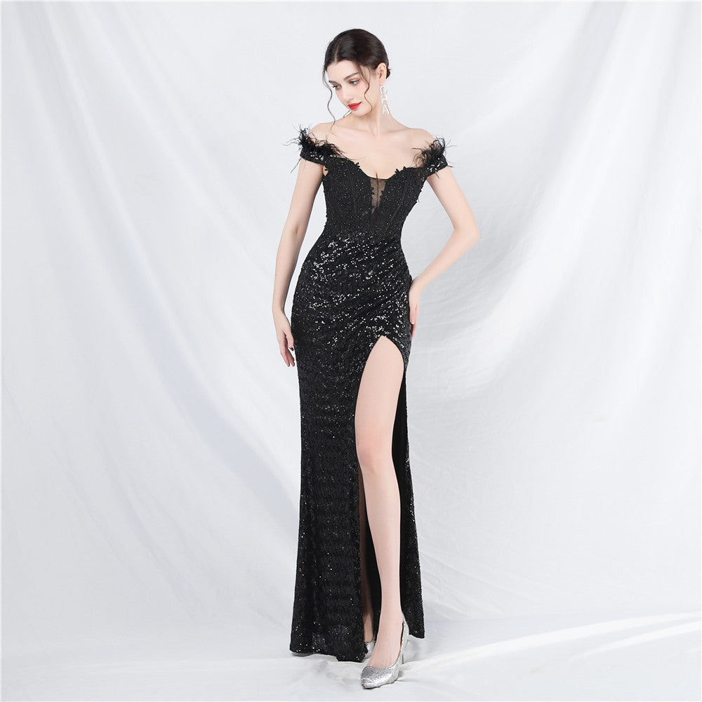 Women ostrich feather lace Beaded palace vest fishbone evening dress 3