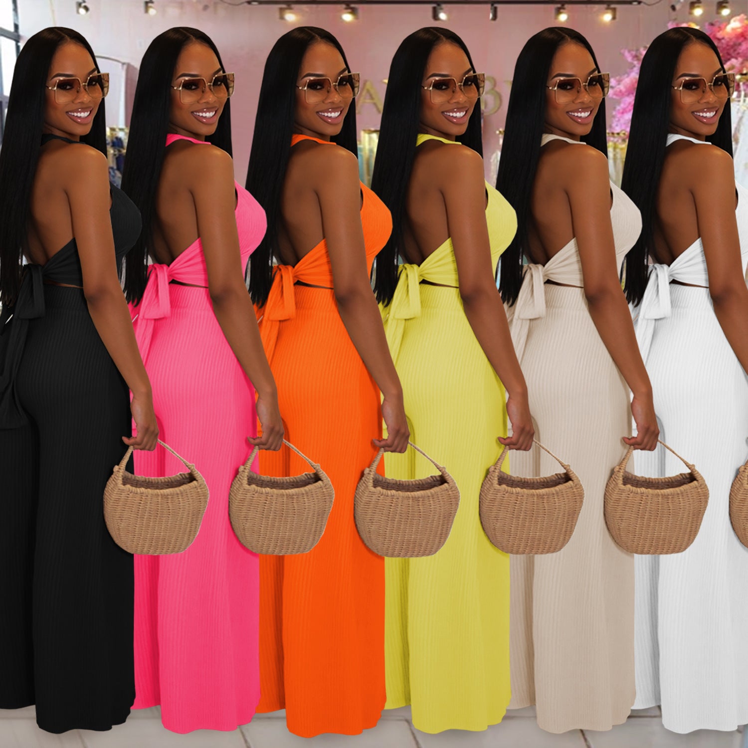 Fashion Women's Casual Halter Neck Lace-Up Top & Pants Two-Piece Set 8