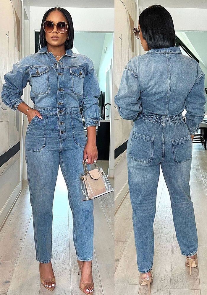 Women Clothing Wash Denim Jumpsuit