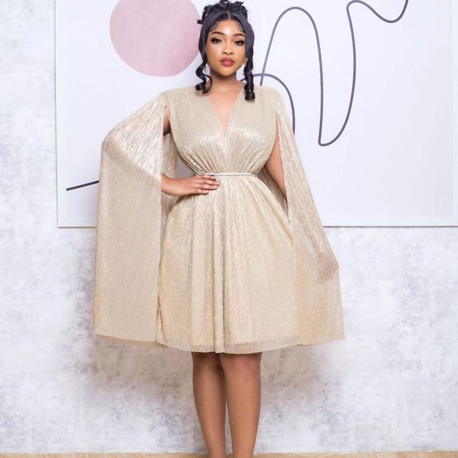 Belted V-Neck Chic Long Sleeve Cape Slim Waist Gown Dress