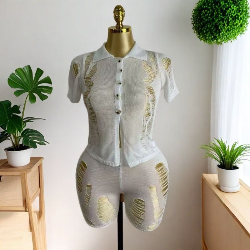 Sexy Hollow-Out Short Sleeve Knitting Top and Shorts Set