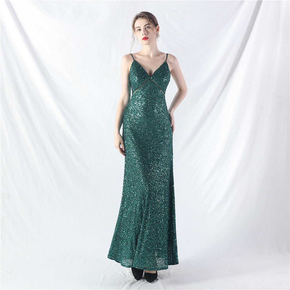 Elegant Strap V-Neck Sequined Evening Dress 4