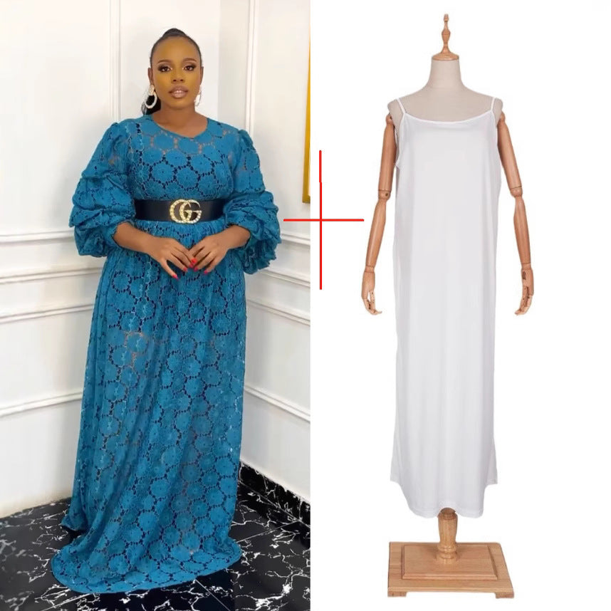 Plus Size Women African Round Neck Lace Dress 10