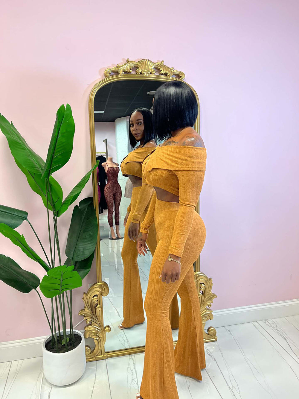 Summer Women's Clothing Solid Color Fashion Off Shoulder Long Sleeve Top Wide Leg Pants Two Piece Set 10