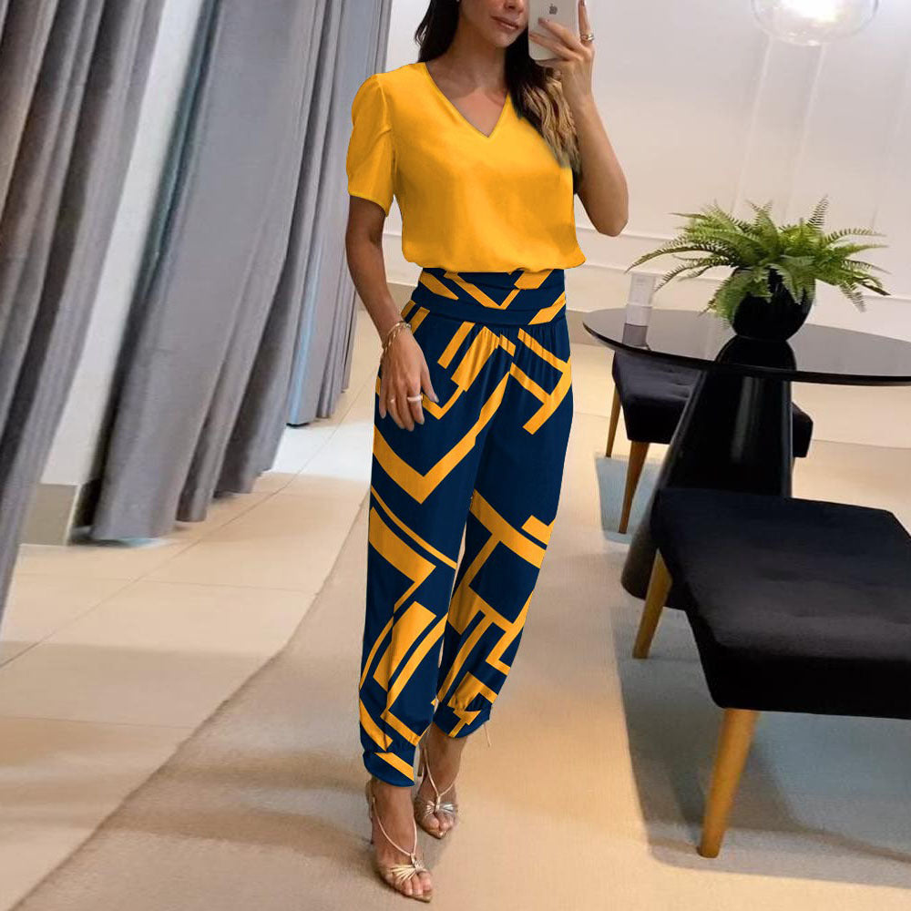 Women's Fashion Casual V-Neck Printed Short-Sleeved Trousers Set Two-Piece Set 4