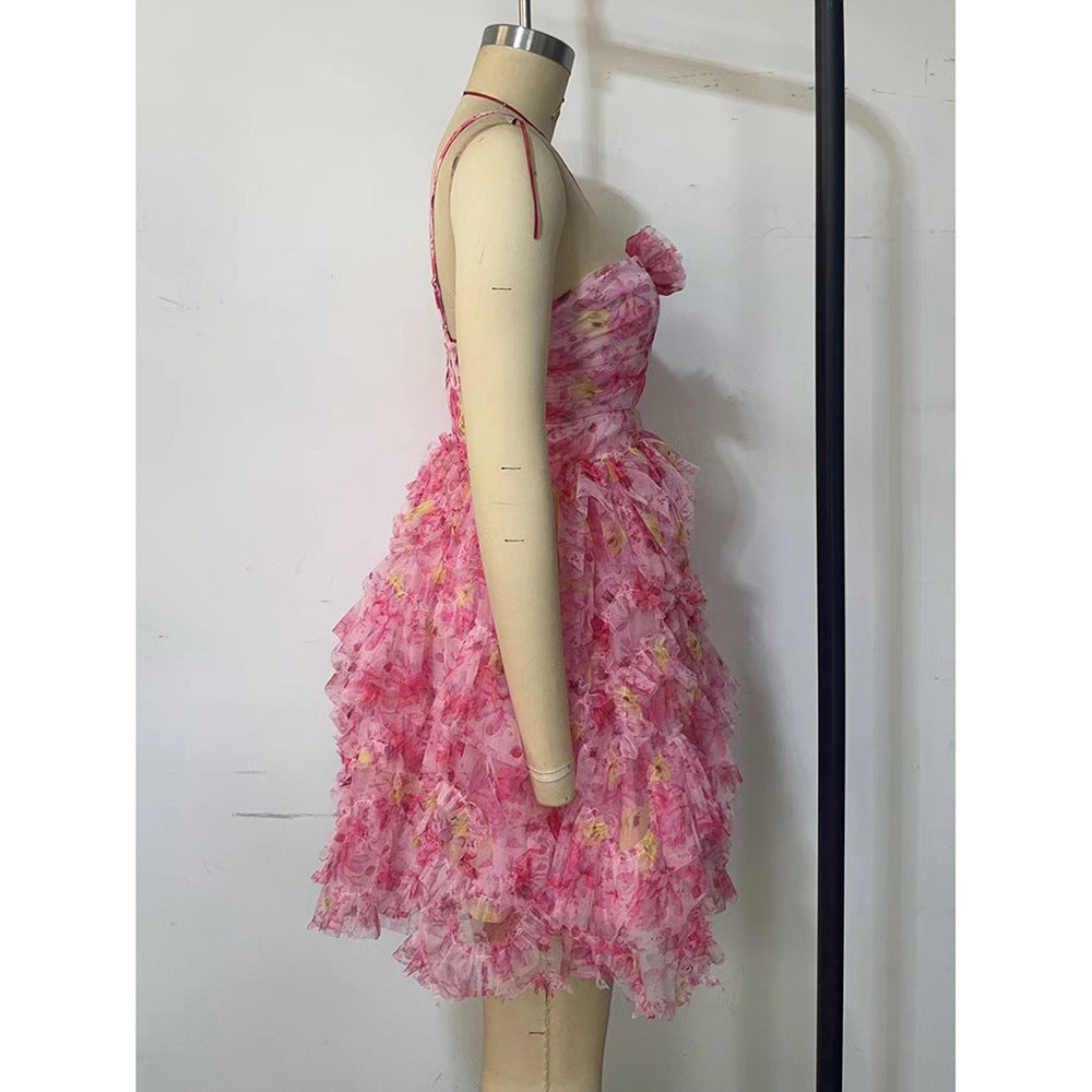 Floral Chiffon Dress Formal Party Slim Strap Short Evening Dress 8