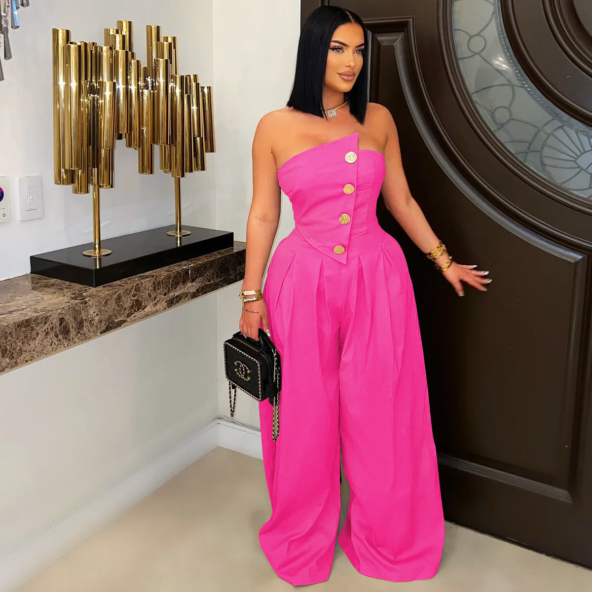 Summer Strapless Metal Button Wide-Leg Jumpsuit 6