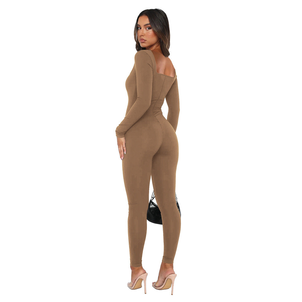 Women's Solid Color Long Sleeve Ribbed Square Neck Low Back Butt Lift Slim Athletic Jumpsuit 10
