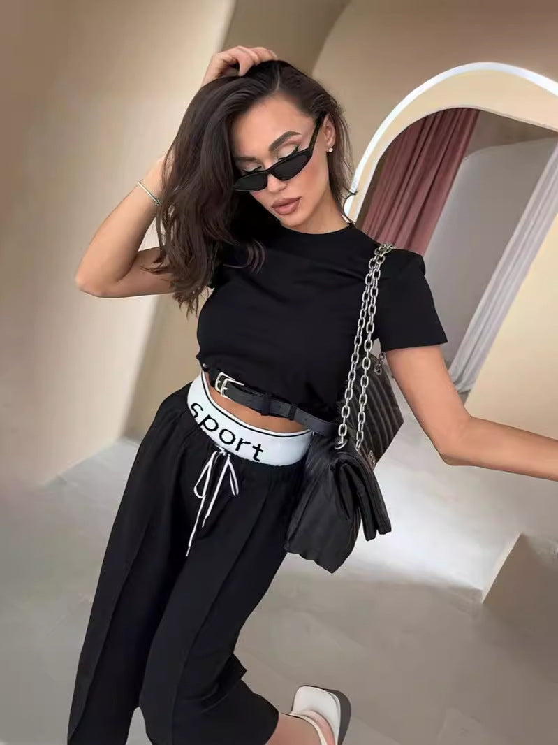 Fashion Short-Sleeved Women's Spring Crop Belt Decorative Top Wide Waist Sweatpants Two-Piece Set 5