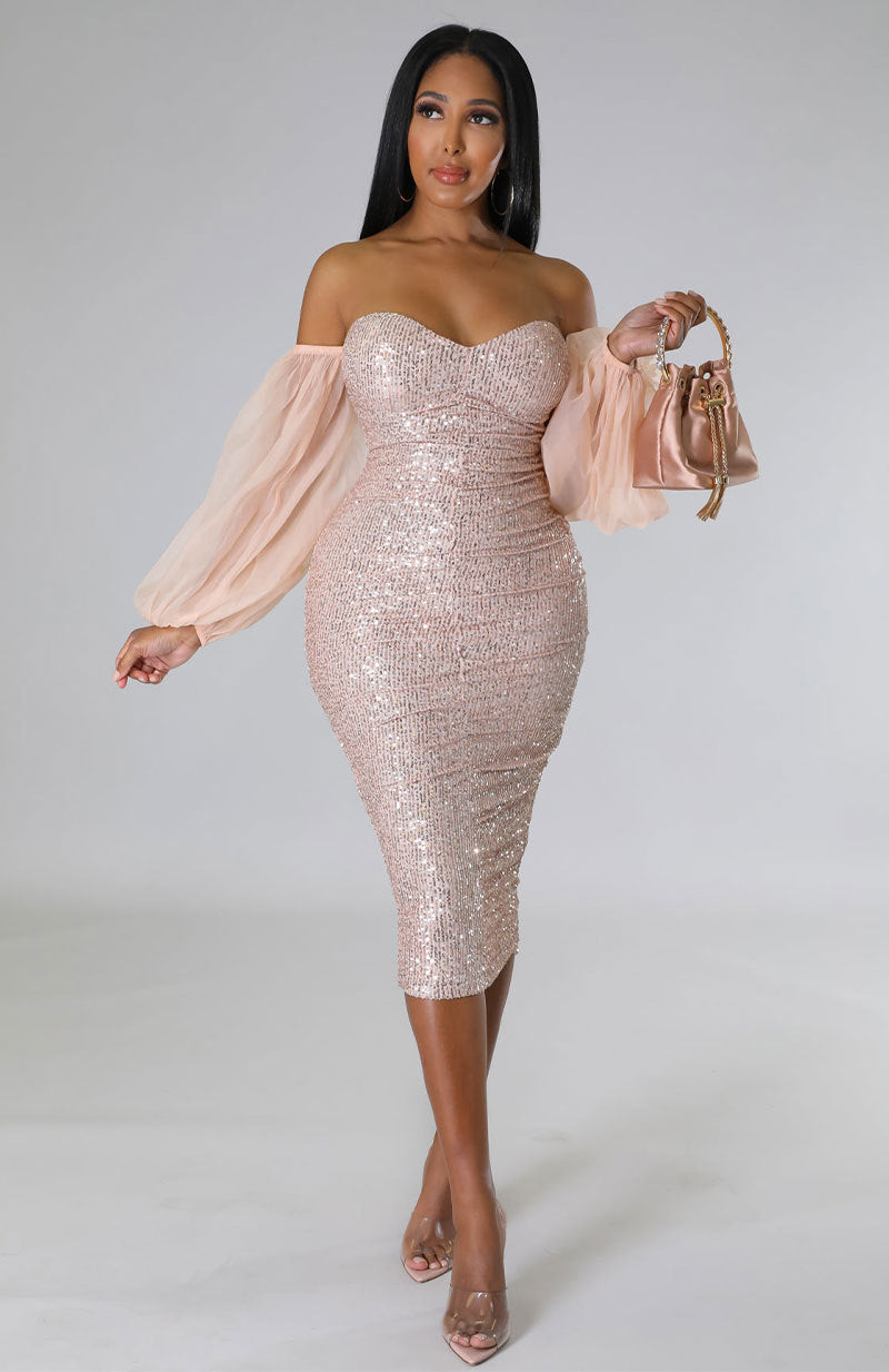 Women French Long Sleeve Sequin Off Shoulder Bodycon Dress 3