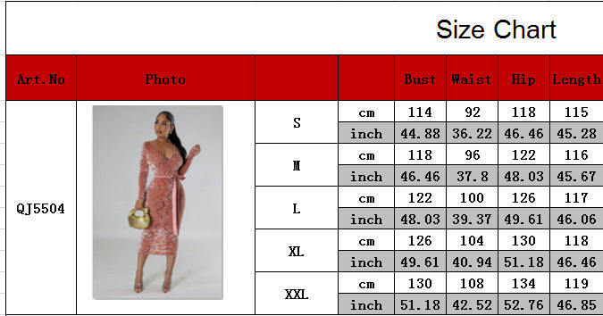 Women's Flocked Long Sleeve V-Neck Nightclub Dress 10