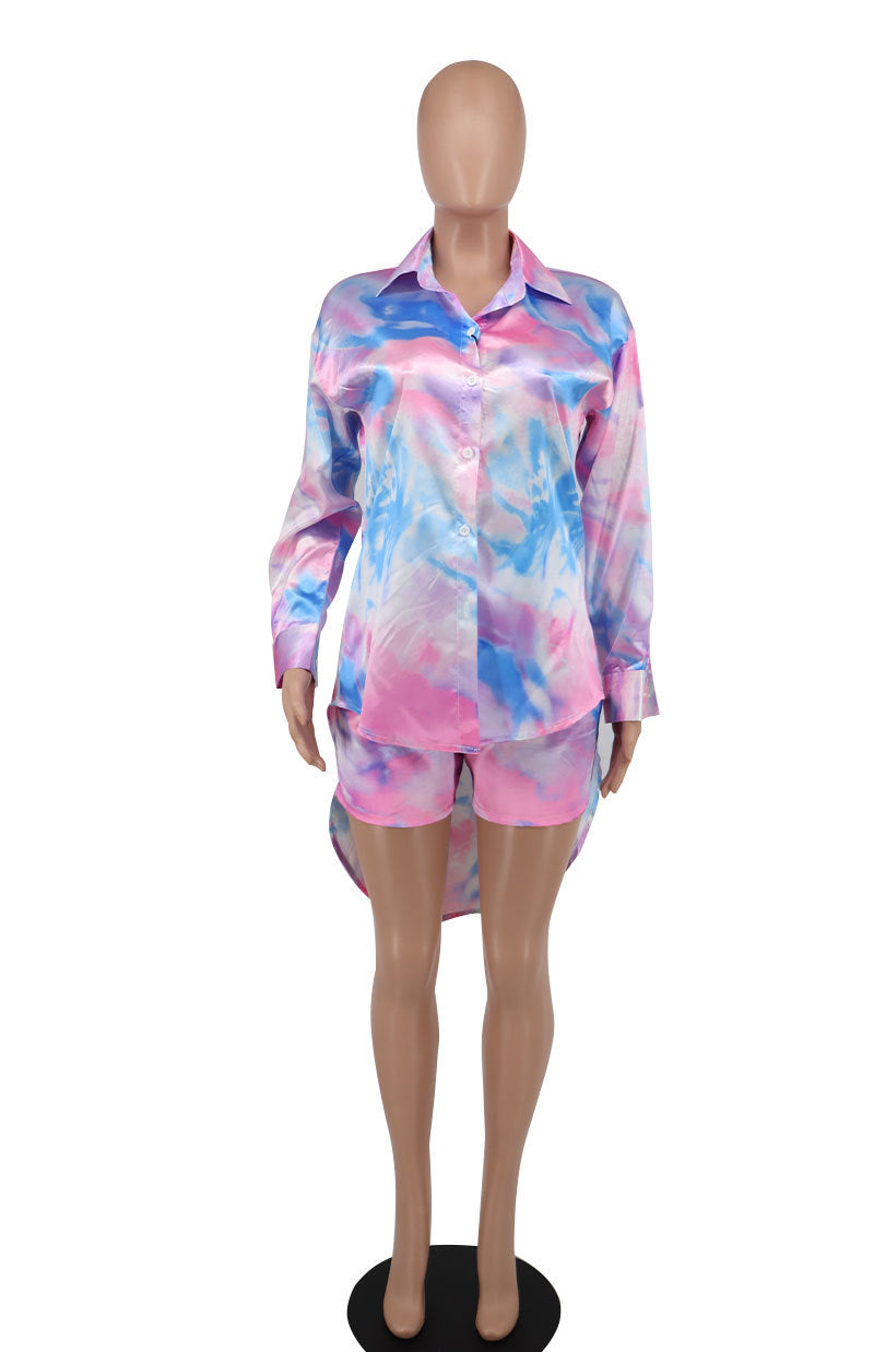 Women Chic Print Long Sleeve Shirt + Shorts Two Piece Set 12