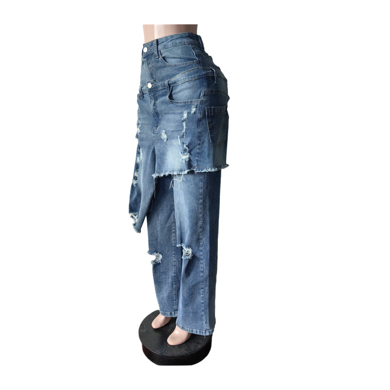 Women Casual Fashion Stretchy Apron Denim Ripped Pant 7