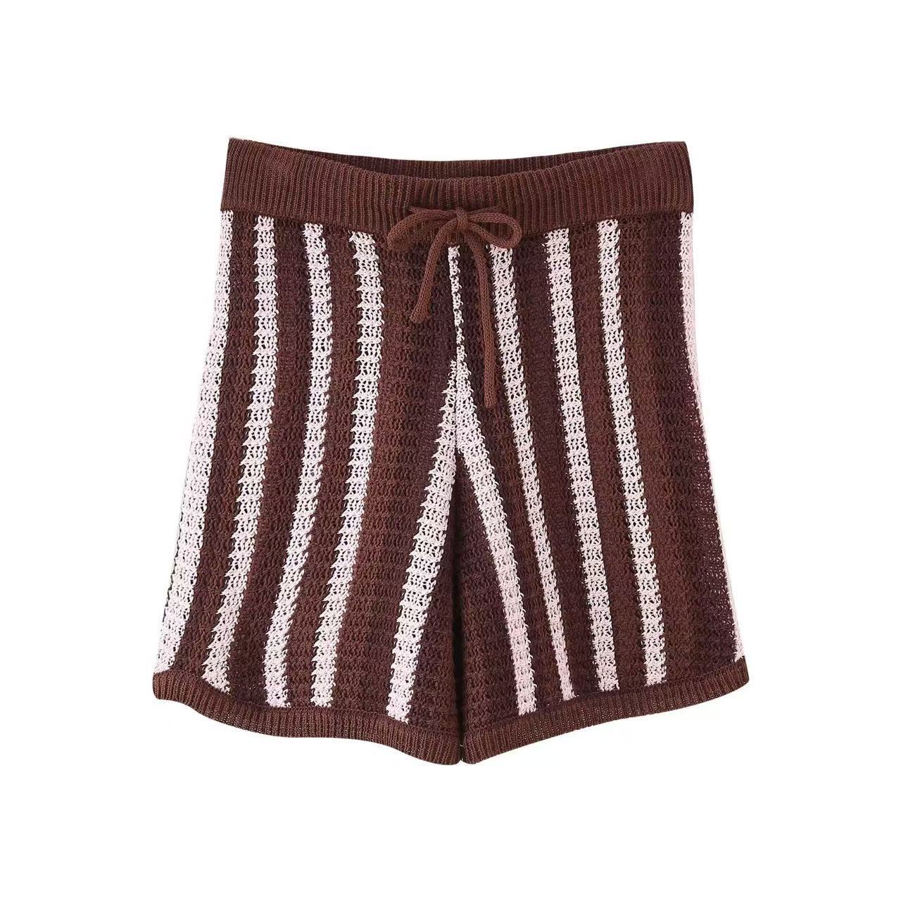 Fashion Striped Turndown Collar Short-Sleeve Top & Shorts Knit Set