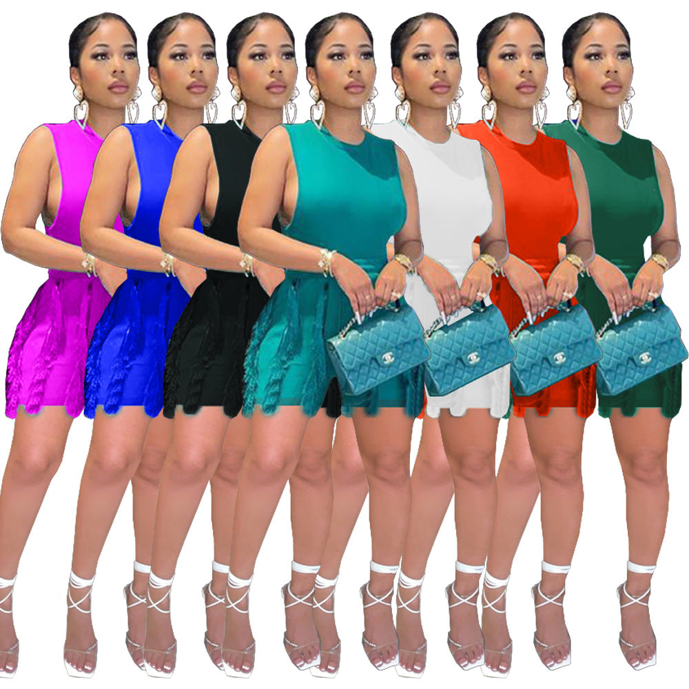 Women'S Sleeveless Tank Top Drawstring Fringe Casual Solid Shorts Two Piece Set 11