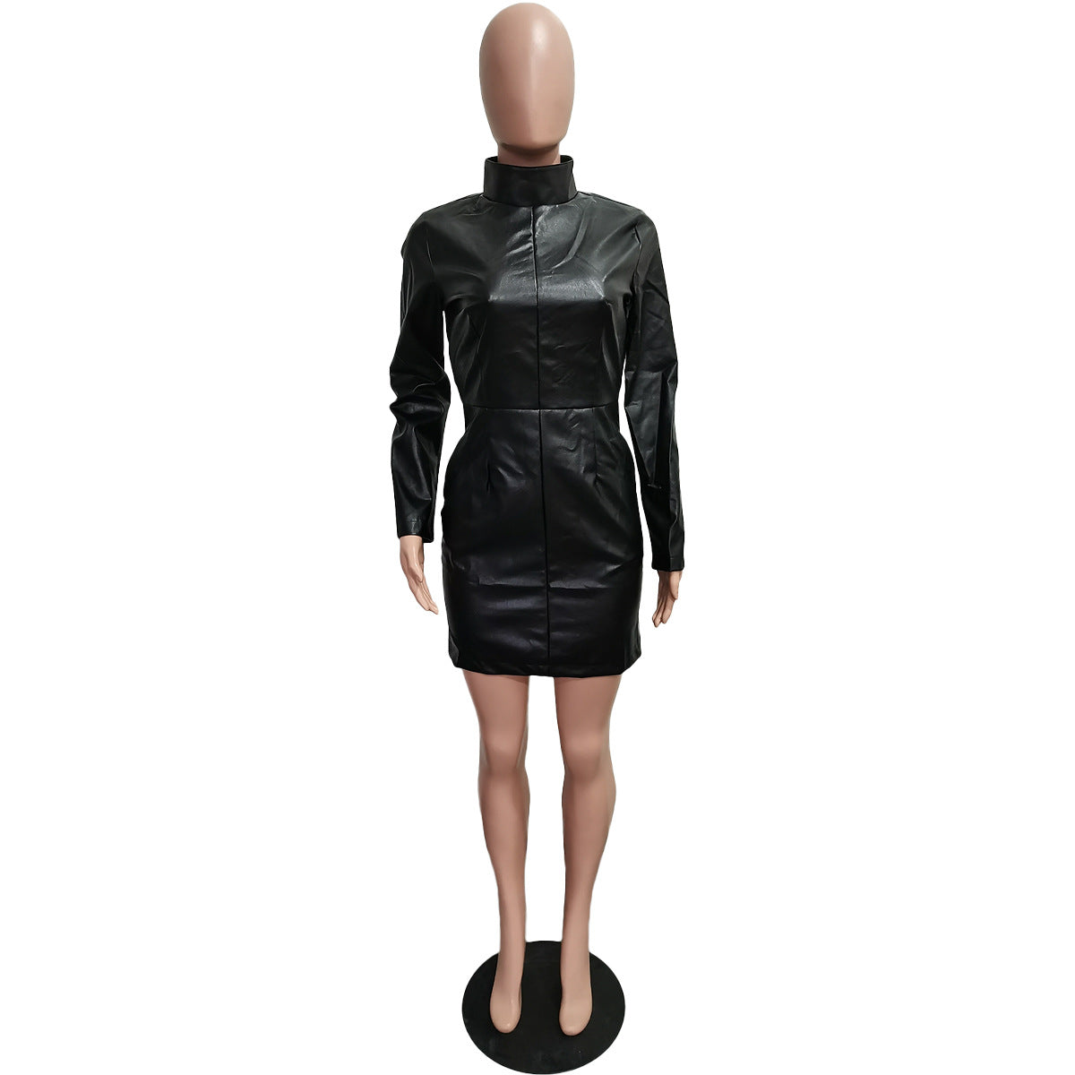 Women Solid Color Pu Leather Long Sleeve Pocket Zipper Dress 12