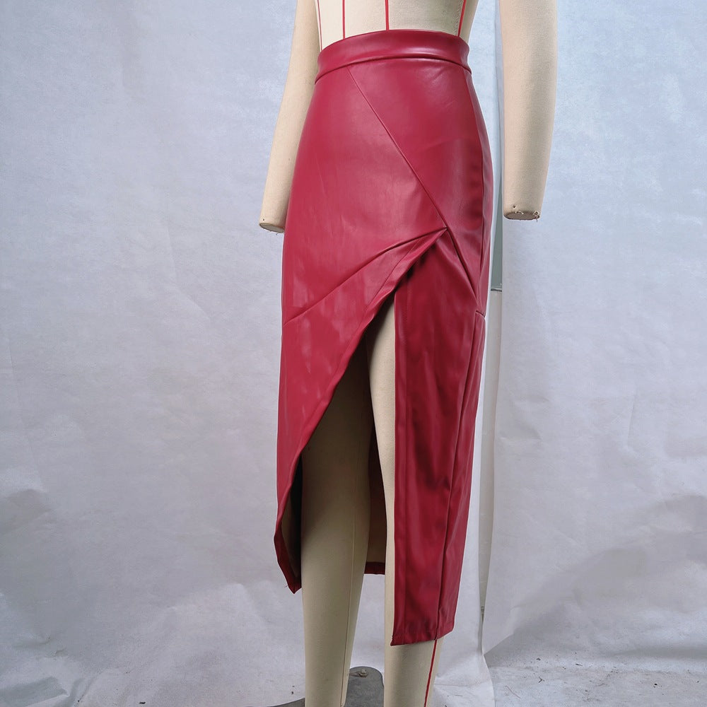 Women Fall Slit Irregular Pu-Leather Skirt 8