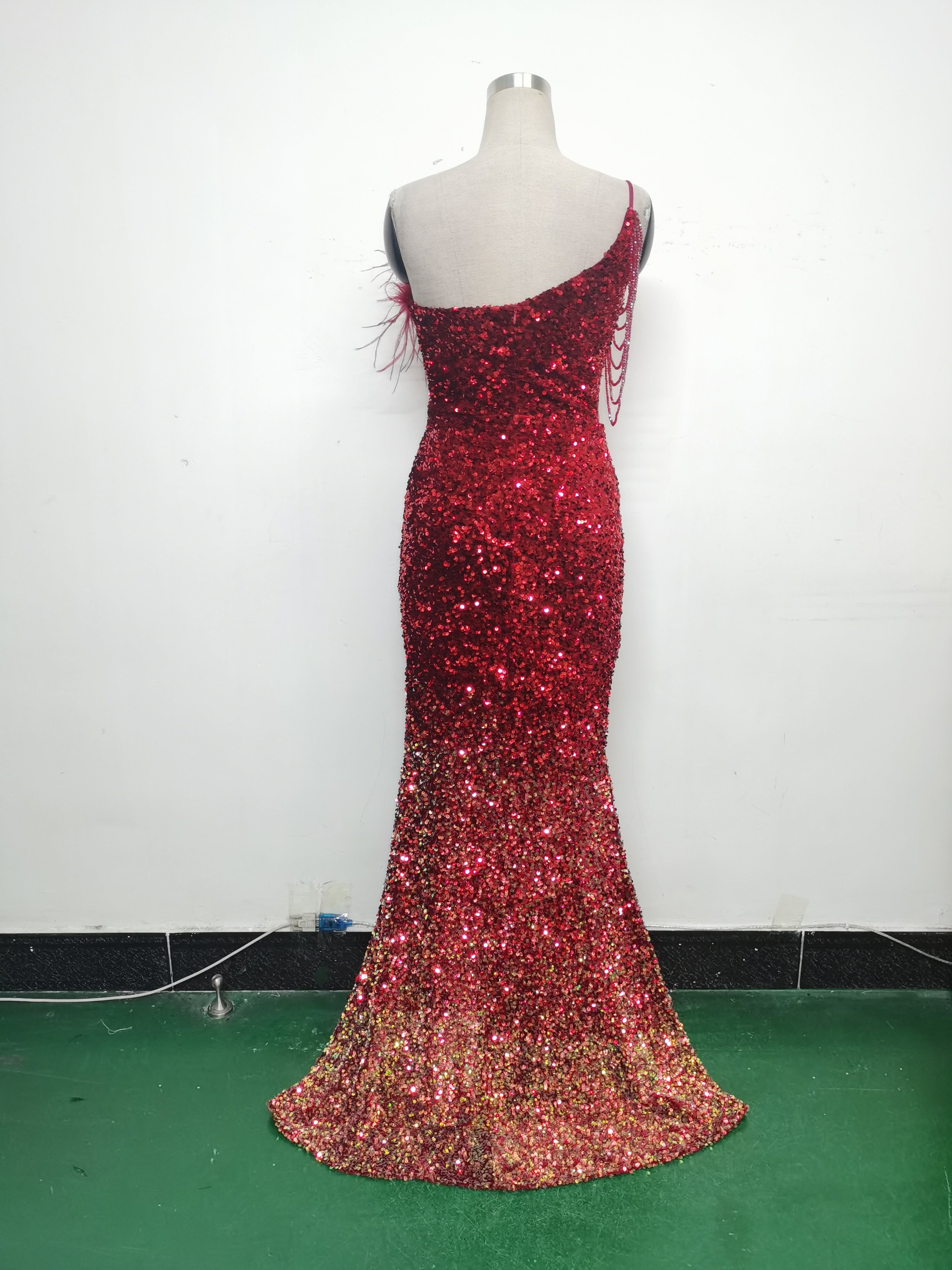 Women Ostrich Feather Beaded Sequin One Shoulder Slash Shoulder Slit Evening Dress 24