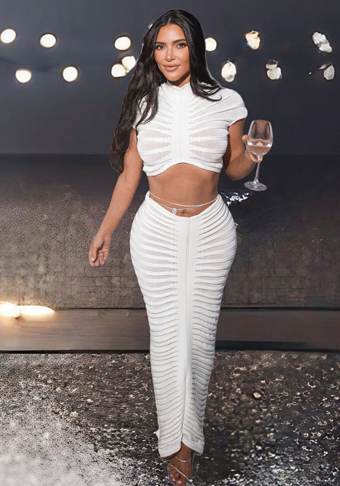 Women's Sexy Knitting See-Through Nightclub Low Waist Bodycon Two Piece Skirt Set