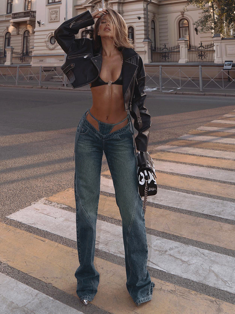 Women irregular patchwork panties fake two-piece Casual Denim trousers 3