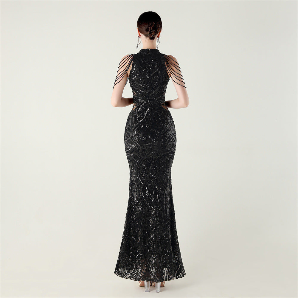 Women beaded chain shoulder sequin halter neck formal party evening dress 8