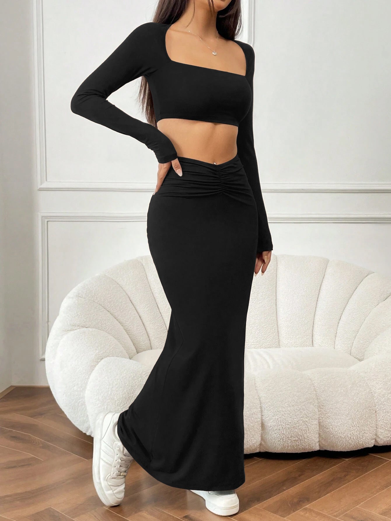 Women Autumn Winter Solid Color Casual Long Sleeve Square Neck Crop Top Fashion Fishtail Long Skirt Two Piece Set 7