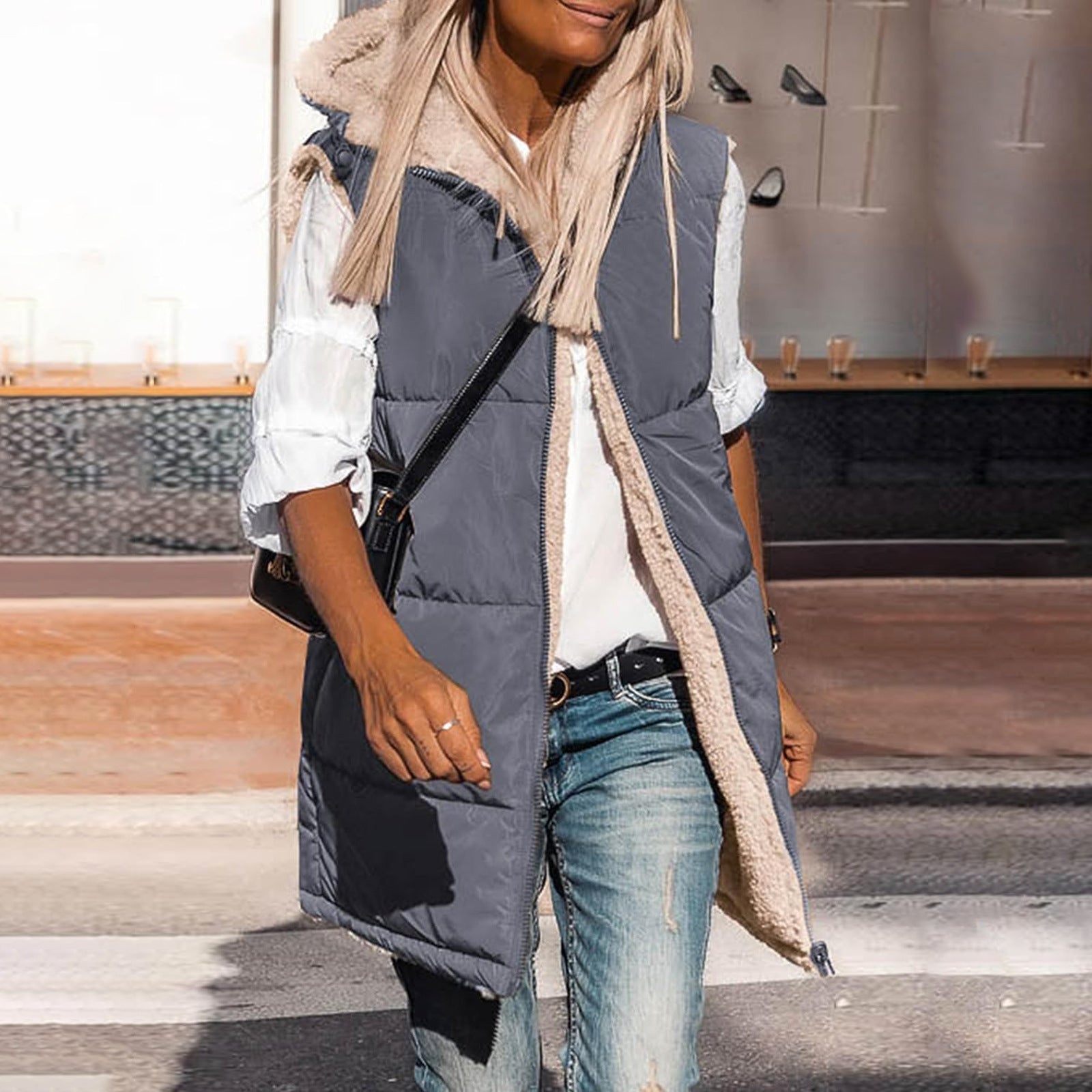 Women's Winter Clothing Loose Sleeveless Hooded Cotton Padded Vest Jacket 4