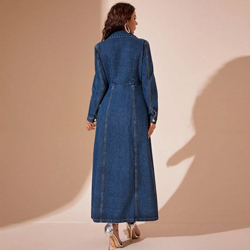 Women's Turndown Collar Button Denim Long Dress 5