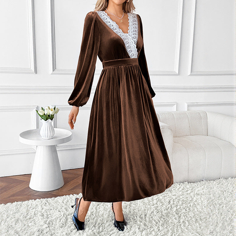 Women Fall/Winter Patchwork Lace V-Neck Long-Sleeved Velvet Maxi Dress 5