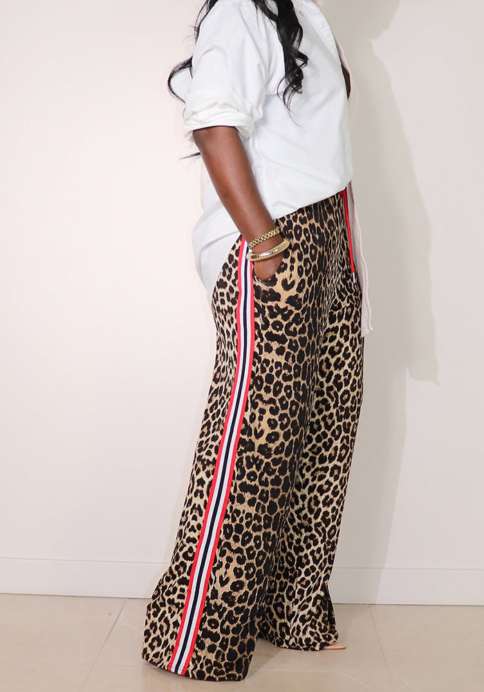 Spring/Summer Fashion Leopard Patchwork Contrast Stripes Casual Straight-Leg Pants