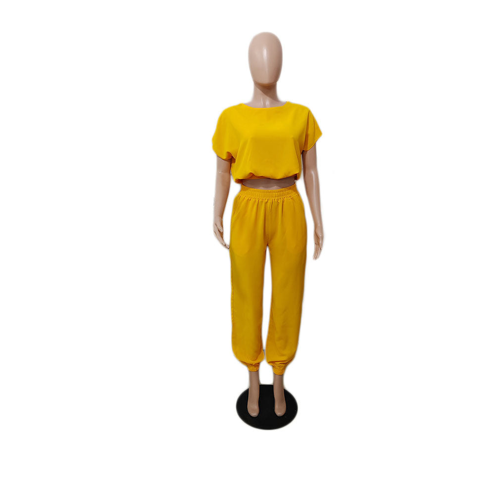 Women Solid Color Short Sleeve Top and Pant Two-Piece Set 5