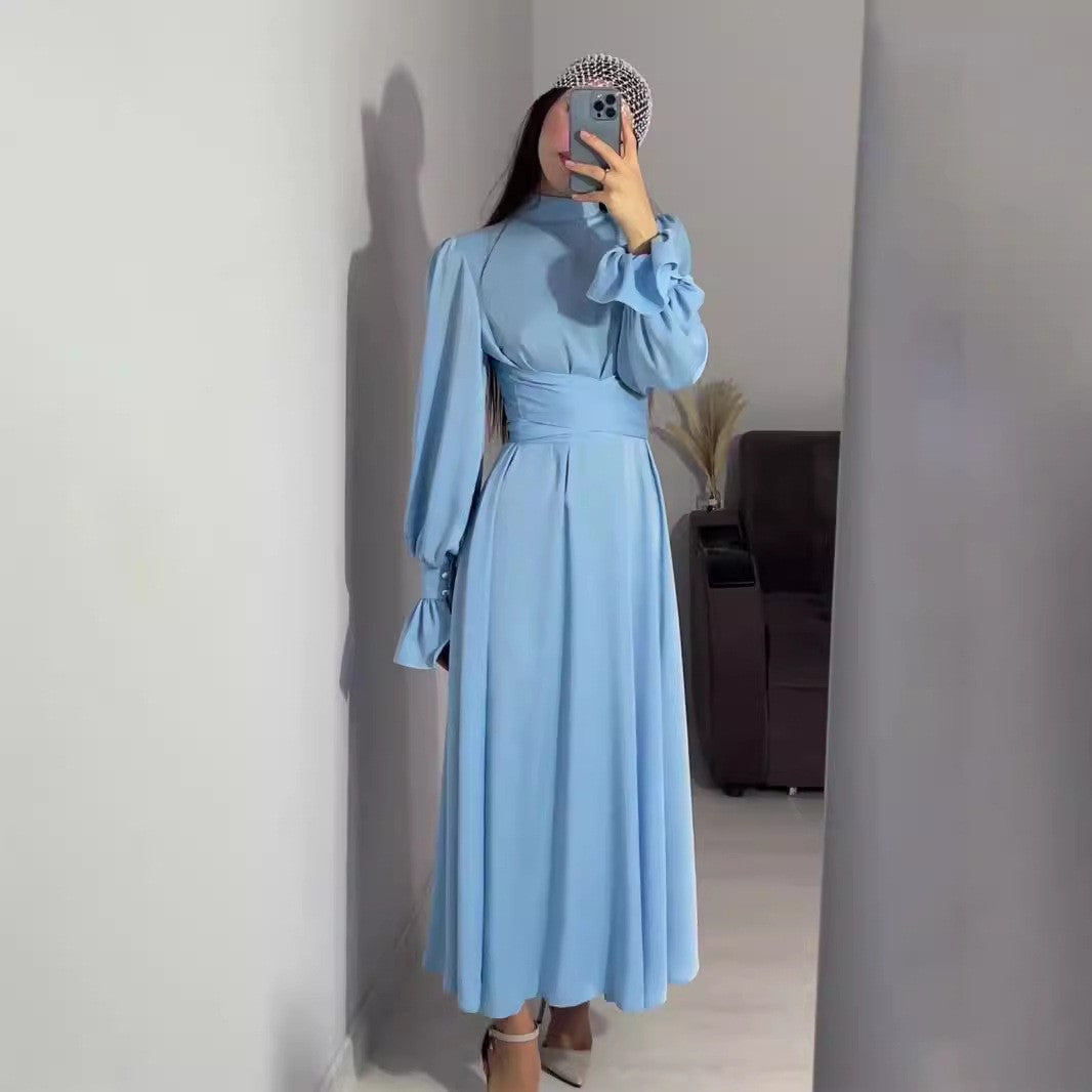 Spring And Autumn Long Sleeve Slim Waist Puff Sleeve Solid Color Satin Dress 5