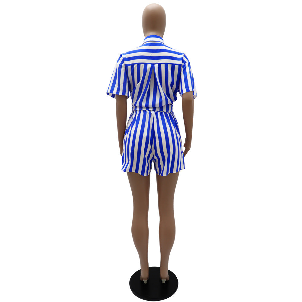 Striped Turndown Collar Long Sleeve Shirt Elastic Waist Shorts Set Two-Piece Set 12