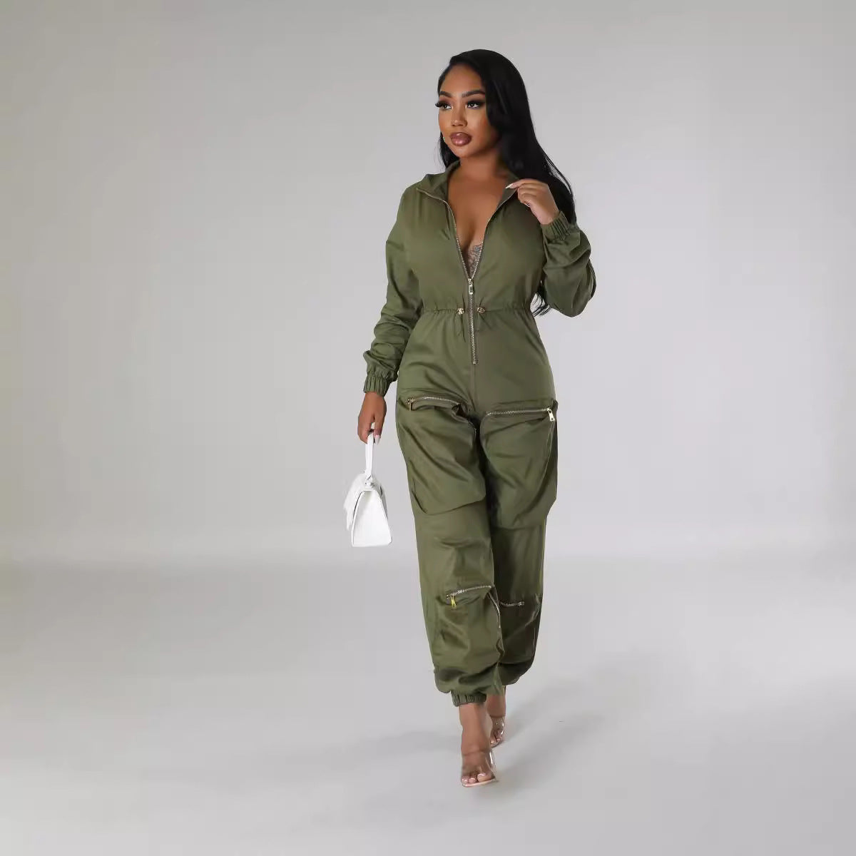 Women Long Sleeve Zipper Multi-pocket Jumpsuit 4