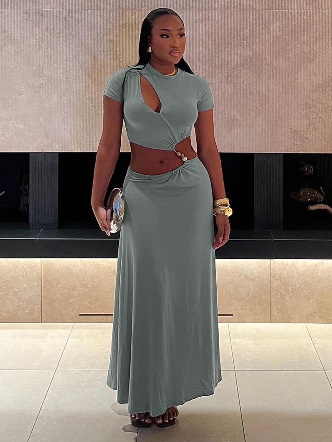 Women summer Cut Out beaded short sleeve Crop Top and Long Skirt two-piece set