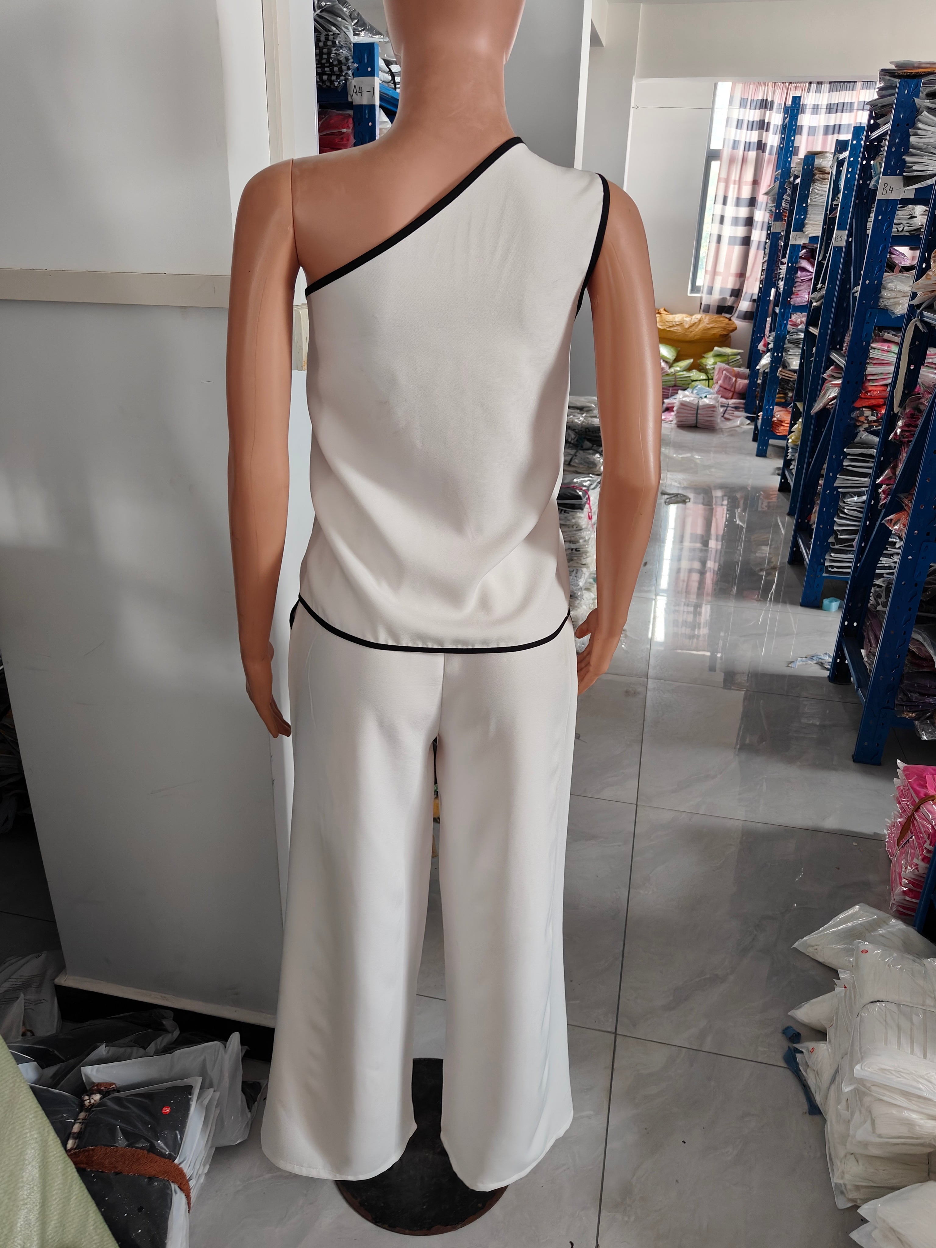 Women Solid One Shoulder Sleeveless Top And Wide Leg Pants Two Piece Set 7