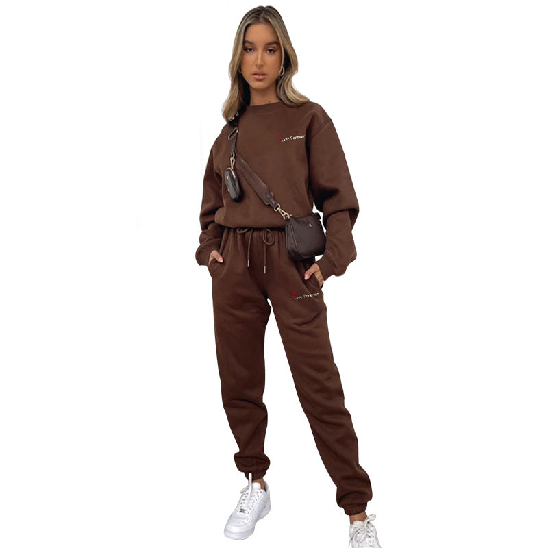 Women Autumn/Winter Printed Round Neck Long-Sleeved Top and Pants Two-Piece Set 5