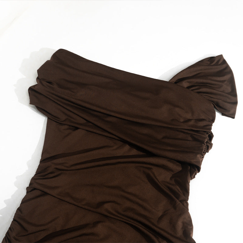 Women Slash Shoulder Off-The-Shoulder Pleated Solid Bodycon Dress 15