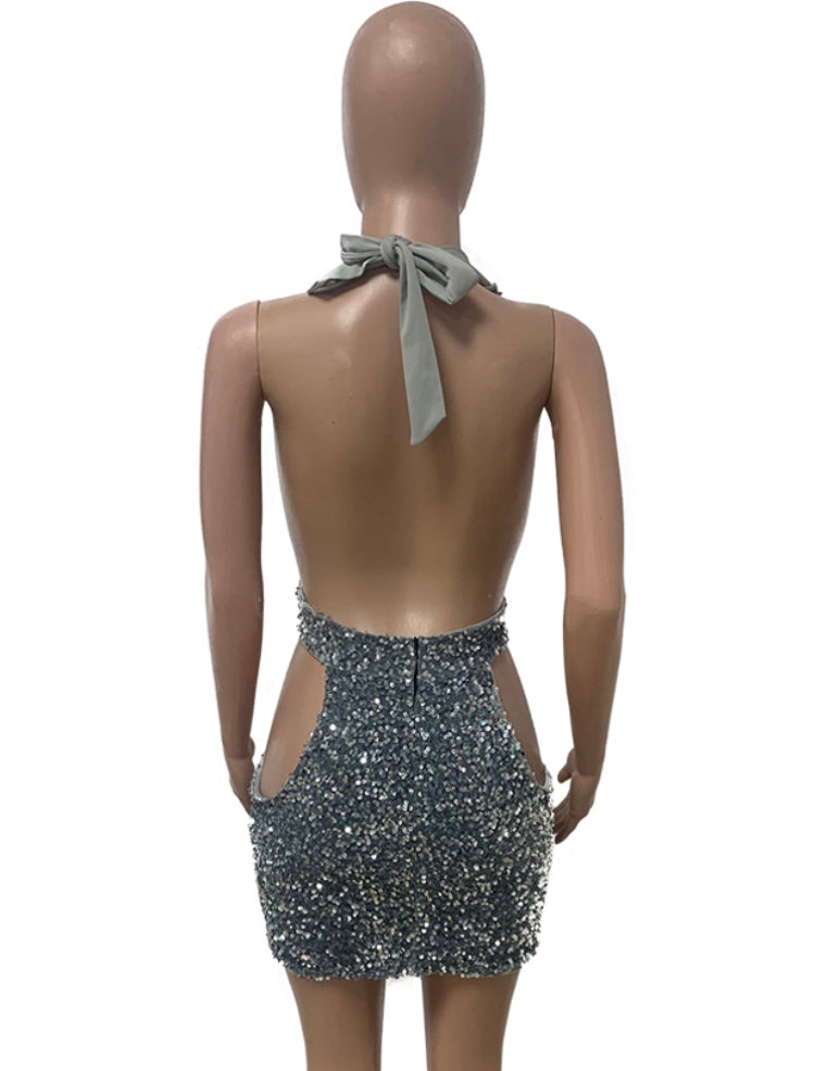 Autumn Silver Sequin Deep-V Backless Sexy Halter Mini Club Dress 5