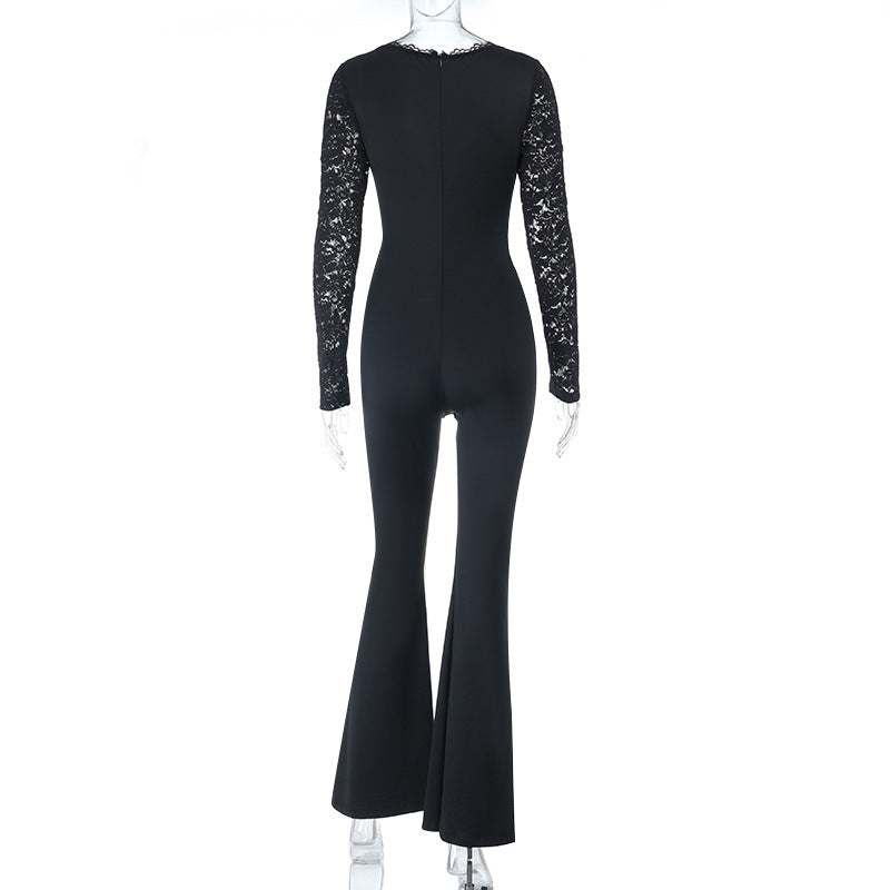 Autumn Women's Chic Fitted Long Sleeve Lace Low Back Jumpsuit 7