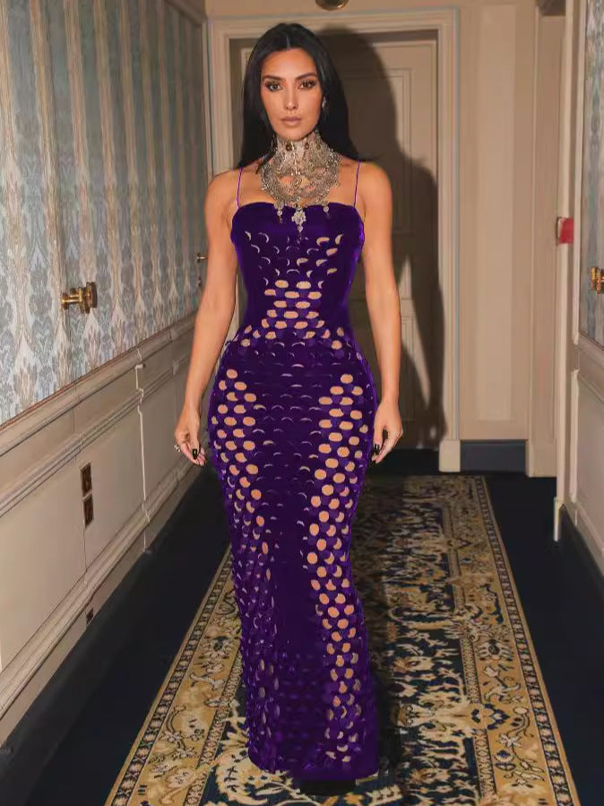 Fashion Women's Clothing Sexy Velvet Ripped Tight Fitting Strap Long Dress 8