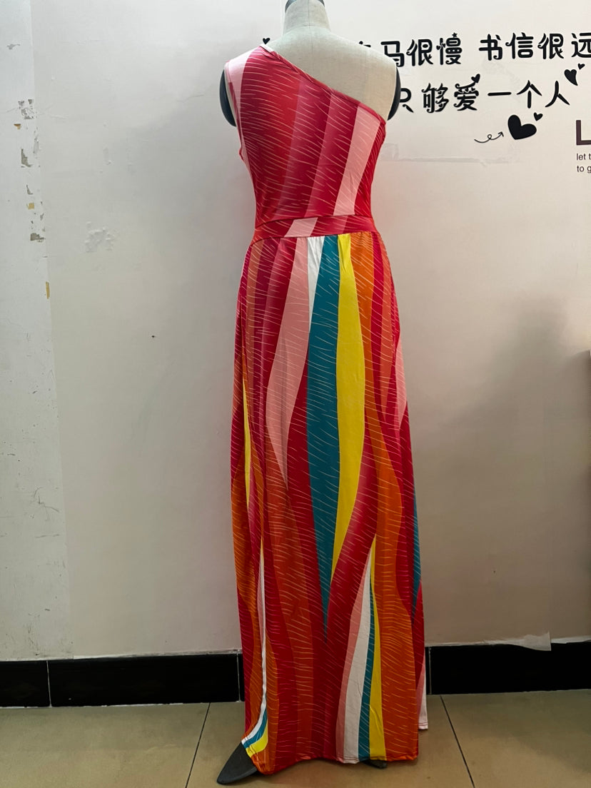 Ladies High Waist Sexy Printed Slit One Shoulder Dress 8