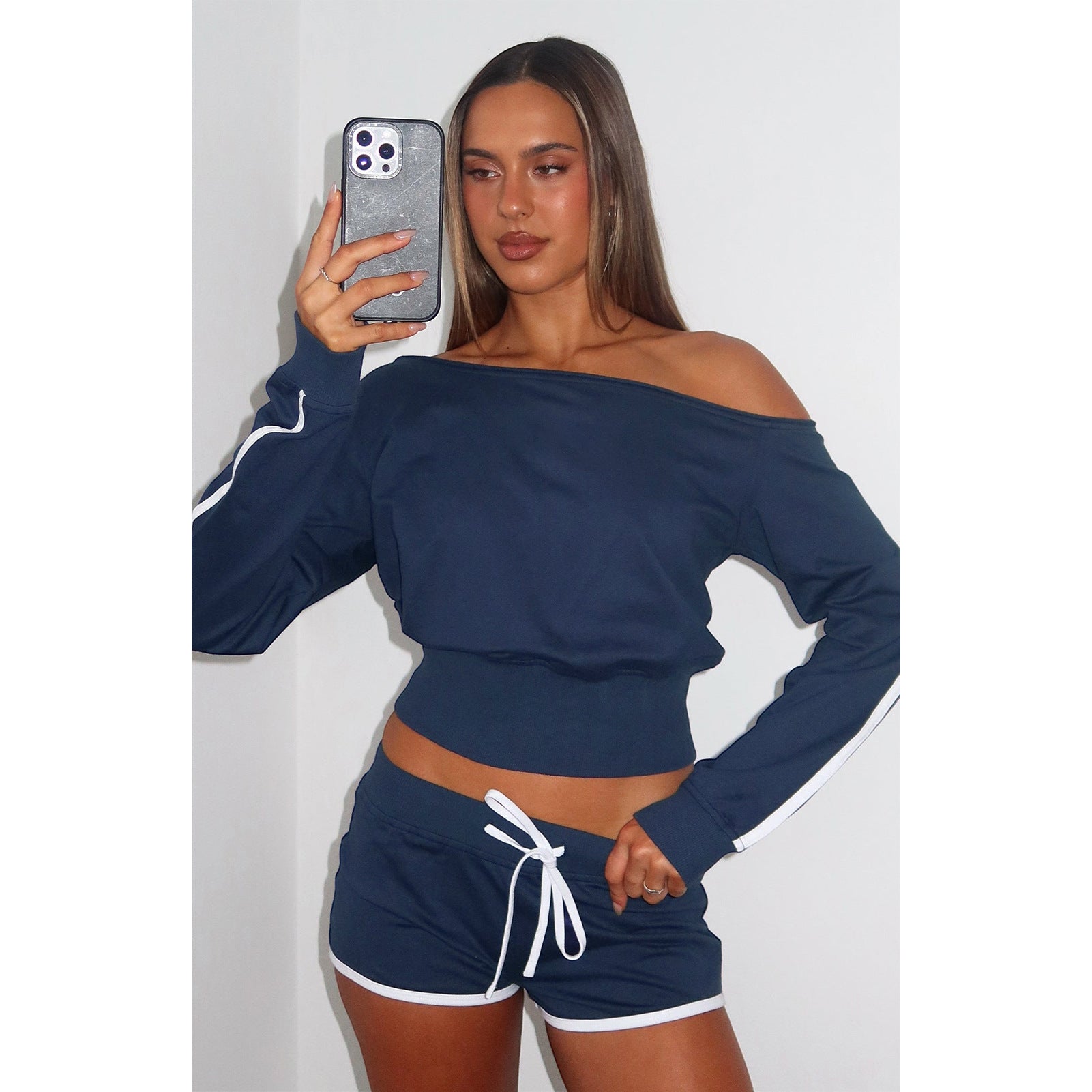 Women's Casual Slash Shoulder Long Sleeve Top Drawstring Shorts Two-Piece Set 5