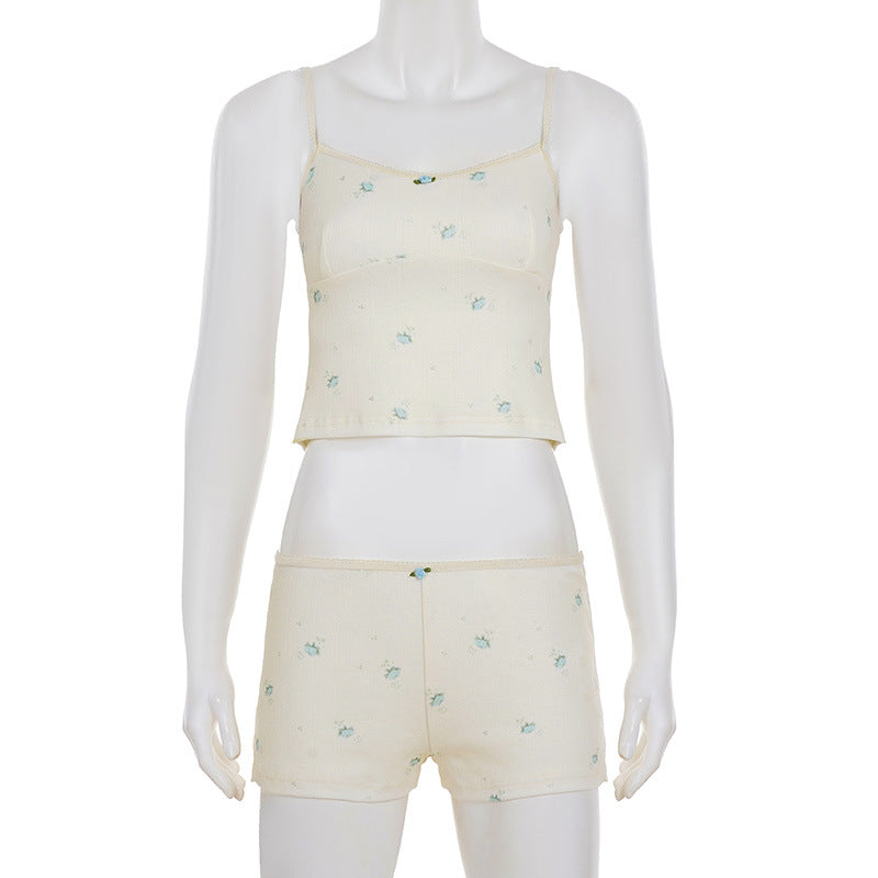 Women Floral Contrast Comfortable Crop Suspender Top and Shorts Two-piece Set 9